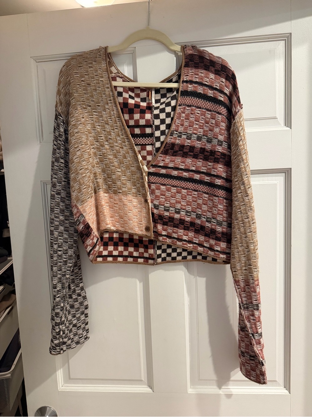 Free People Multicolor Patchwork Cropped Cardigan - Beige, Pink, Brown, Black